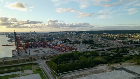 Gdynia , Poland - 05 07 2021: Harbor Shipyard in Gdynia during sunrise in september morning