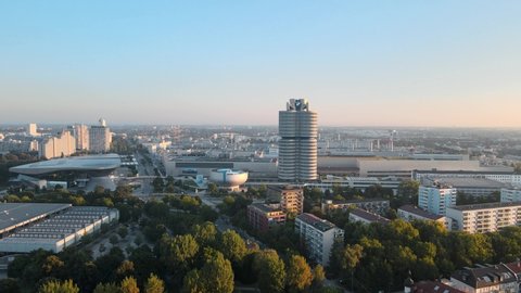 Munich , Germany - 09 09 2021: Drone aerial view of BMW Tower in Munich