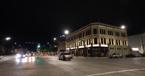 Winnipeg, MB, Canada - Sept 2021: The Fortune Block building, sitting at the corner of Main St and St Mary Ave, at night