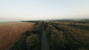 Beautiful aerial clip of fantastic summer rural natural environment. Country highway road with driving car. FPV drone flight.