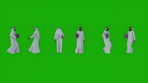 Arab man with shopping box walking in 6 different positions