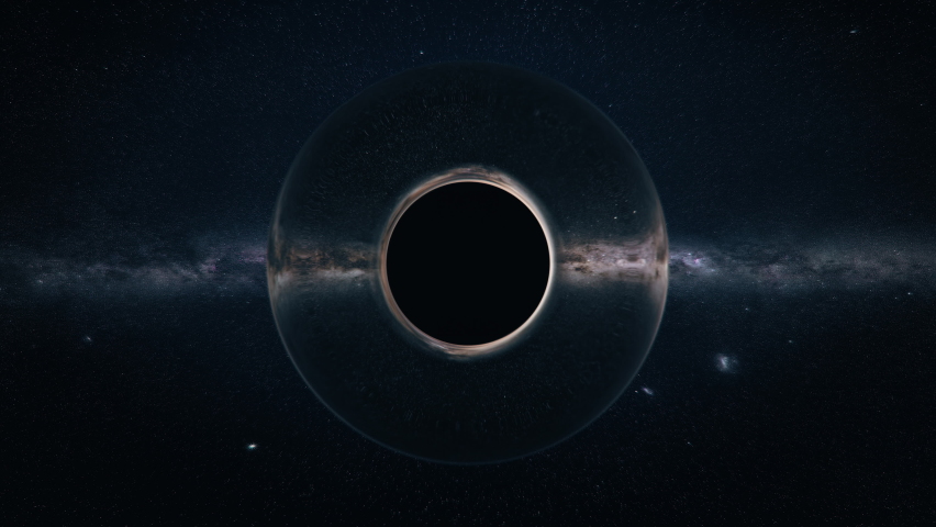 Intense Black Hole explosion in deep space. Wormhole apocalypse wipes out Universe. Worm-hole collision explodes in outer space. Epic galaxy with growing black hole. Cinematic interstellar action.  Royalty-Free Stock Footage #1079054681