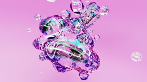 Liquid iridescent transparent clean soapy animated metaball or organic floating spheres blobes drops or bubbles 3d render abstract background. Fluid moving water clouds beautiful creative animation.