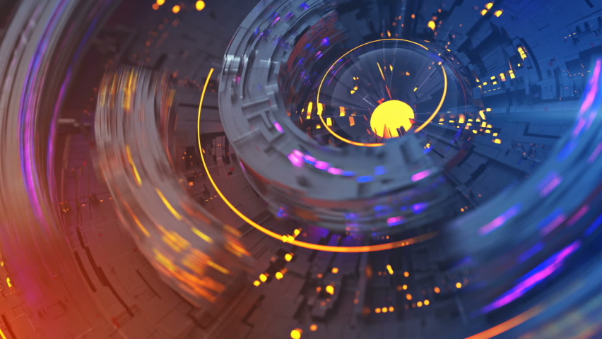 Rotating circle elements. Computer generated abstract motion background. Seamless loop 3D render animation with DOF