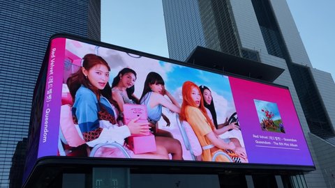 Seoul, South Korea - September 12 2021: K-pop artist Red Velvet's new song "Queendom" Ad on Coex Digital Billboard.