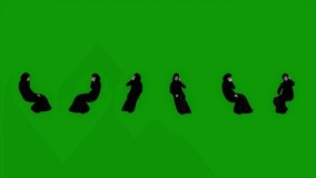 A woman with a hijab is talking on a mobile phone with 6 different modes with green screen