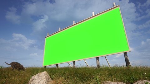 Large Billboard Green Screen Outdoor Countryside. Billboard green screen standing on the countryside under a cloudy sky. Steady shot low angle