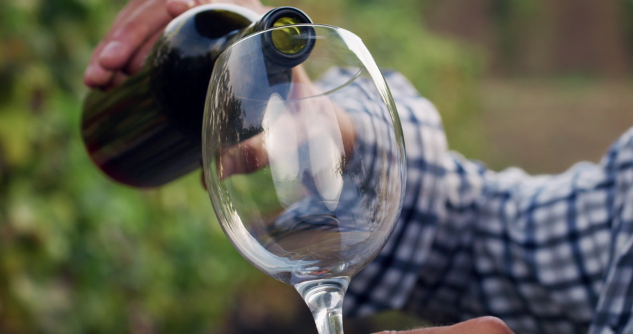 Close-Up Shot of A Glass Being Filled With Red Wine with a Greenery Background. Male Hands Pouring and Swirling Tasty Wine in a Vineyard. Man Getting Ready for Drinking and Tasting  Royalty-Free Stock Footage #1079073059