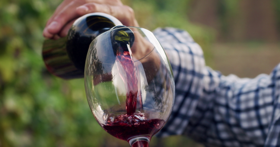 Authentic close up shot of successful male winemaker is pouring red wine in transparent glass for tasting a flavor and checking a quality on vineyards background at sunset.