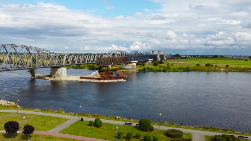 Aerial view on Vistula river and railway bridge in Tczew, Poland.