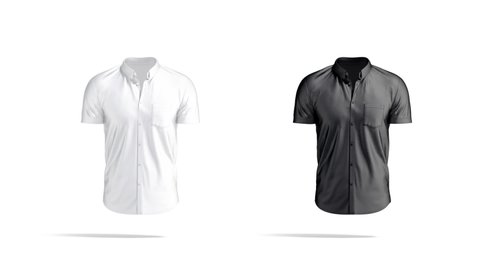 Blank black and white short sleeve shirt mockup, looped rotation, 3d rendering. Empty cycled casual poloshirt mock up, isolated. Clear male slim button down tee-shirt template.