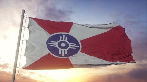 Wichita city flag, Kansas, waving in the wind, sky and sun background