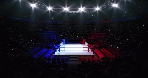 Boxing ring from upper view. Animation of sport arena with fans and shining spotlights. Indoor sport 4k video background.