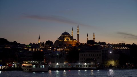Istanbul, Turkey - September 2021: Suleymaniye mosque in Istanbul skyline in the evening. Suleymaniye Mosque is a popular touristic spot of Istanbul