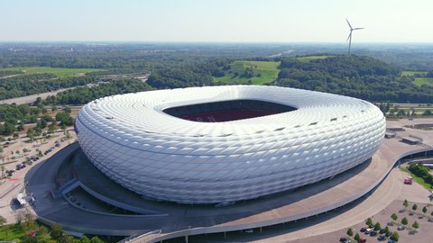 MUNICH, GERMANY, EUROPE - CIRCA 2020: Aerial view of Allianz Arena football stadium for soccer team FC Bayern Munich and Germany national football team.