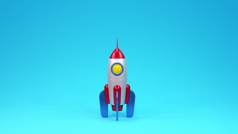 3d Rocket startup creative project. Cartoon rocket launch with smoke cloud. 3d animation.