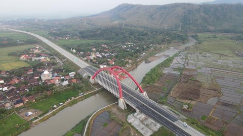 Kalikuto, Central Java Indonesia - August 16 2021: Aerial view of 
Kalikuto bridge, 
connecting the Semarang Batang toll road