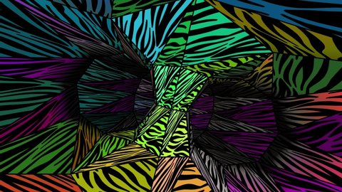 Abstract psychedelic zebra geometric background. Seamless animation of a lowpoly tunnel.