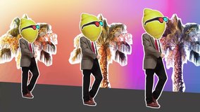 Stop motion design or art 2D animation. Dancing businessman with lemon head. Fashion dance with color background. Funny man. Modern, conceptual, contemporary bright 4k collage. Summer time concept - Powered by Shutterstock - Get 15% off with code: PIKWIZARD15