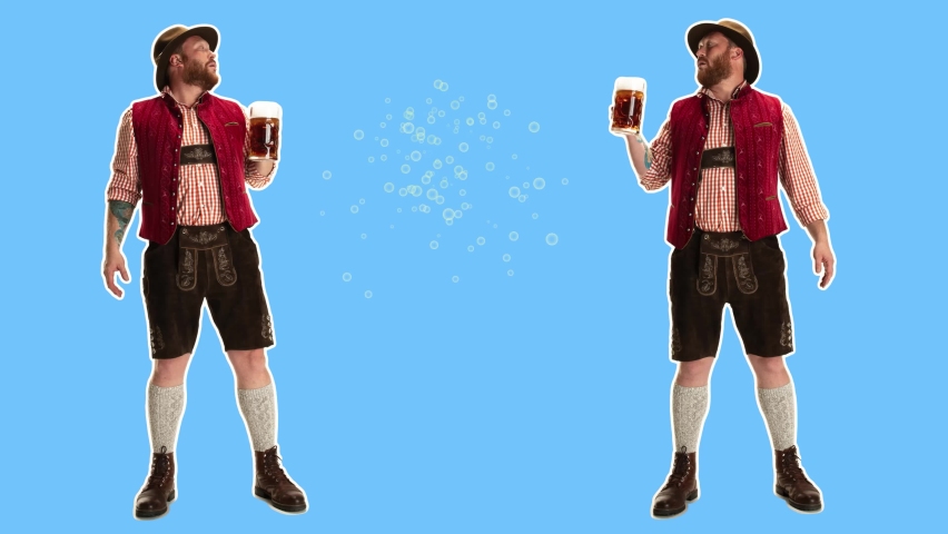 Good time. Oktoberfest - two young happy drunk men in hat, wearing a traditional Bavarian clothes clinking with beer over festive color background. Modern, conceptual, contemporary bright art collage. Royalty-Free Stock Footage #1079103722