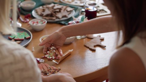 Detail of decorated gingerbread cookies. Shot with RED helium camera in 8K 