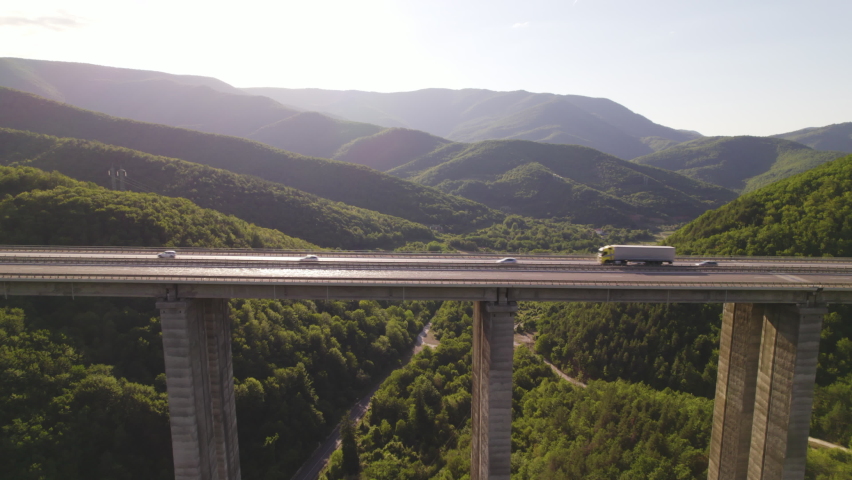 Traffic on the Hemus highway viaduct over Vitinya pass | Shutterstock HD Video #1079110571