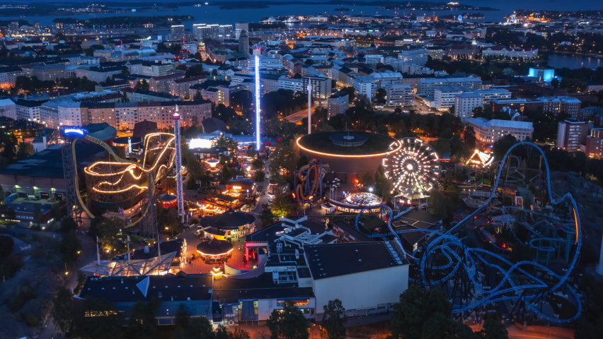 Helsinki, Finland - September 10, 2021: Aerial hyperlapse of Linnanmaki amusement park