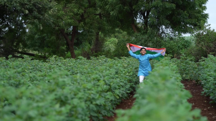 Indian child with national tricolor flag at agriculture field.