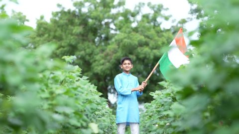 Indian child with national tricolor flag at agriculture field.