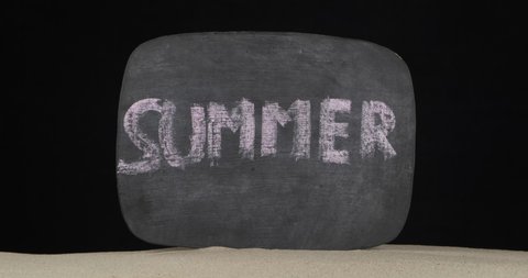 Black board with the text SUMMER in the sand. Panorama. Isolated on black background.