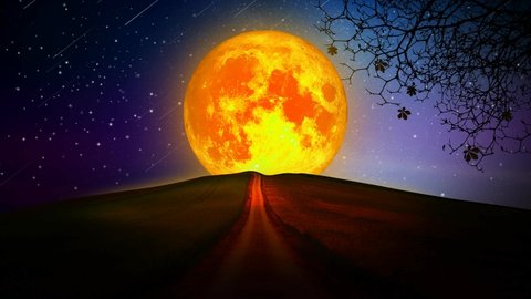 beautiful yellow moon on the hill, night fantasy, night sky, loop animation background.