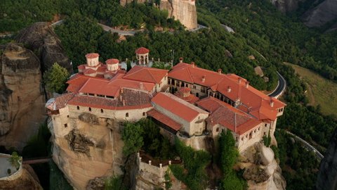 Varlaam Monastery On Cliff From Above At Meteora, A UNESCO World Heritage Site In Greece