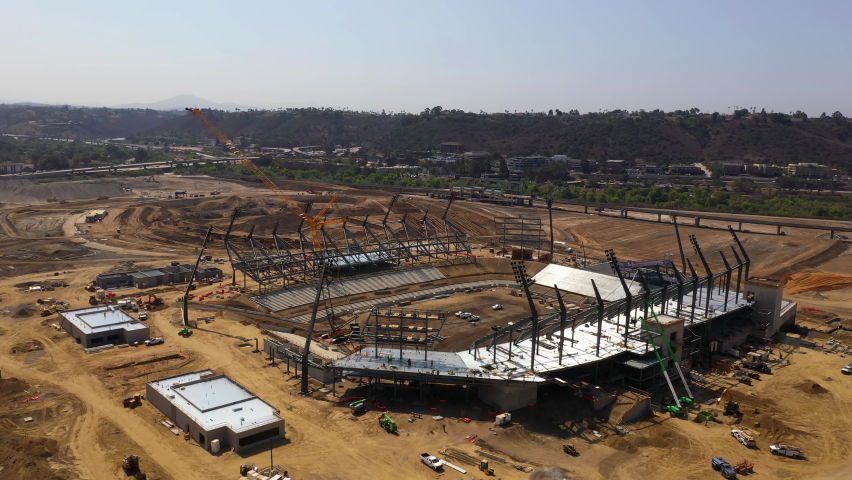 New sports arena construction in Mission Valley, San Diego California. Drone orbit