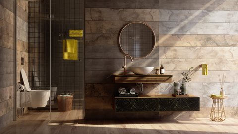 3d Rendering of Luxury Bathroom Interior With Shower, Toilet, Mirror And Yellow Towels.