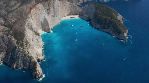 Stunning View From Above Of The Famous Navagio Beach With Shipwreck Remains In Zakynthos, Greece. aerial
