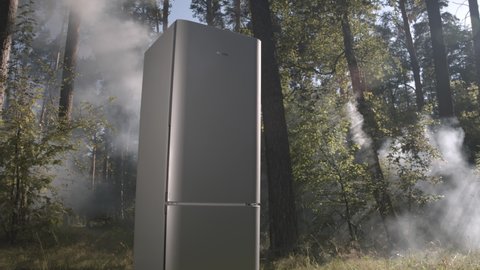 KAZAN, TATARSTAN RUSSIA - AUGUST 11 2020: Large grey domestic refrigerator stands in old green forest at floating white mist clouds in summer morning advertisement video on August 11 in Kazan