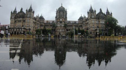 Raining at Chhatrapati Shivaji Terminus station, Mumbai, India, Circa 2021