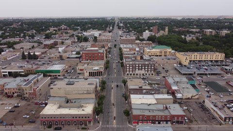 Moose Jaw, Saskatchewan Canada - August 2021 : Aerial view of the bustling downtown core of one of Saskatchewan's largest towns as lockdown measures and COVID protocols are lifted 