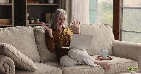 Grey haired mature woman sit on sofa relaxing in living room read great news on laptop feels excited looking cheerful. Success and achievement, older generation and modern wireless tech usage concept