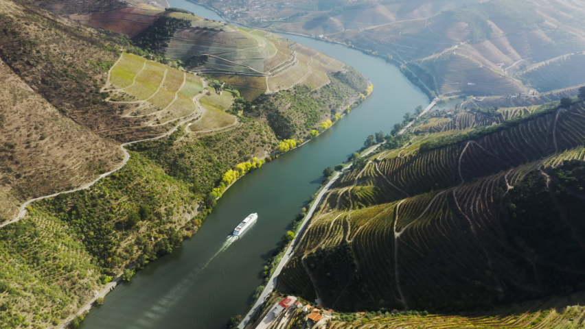 Panoramic view of cruise ship traveling between green mountains on Douro river, Peso da Regua, Vila Real, Portugal, Europe. Drone shot of rows of vineyards growing on banks of river, 4k footage Royalty-Free Stock Footage #1079145080