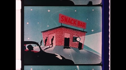 1950s Hollywood, CA. Vintage Snack Bar Drive In Movie Theater Advertisement. Seamless VJ like Loop of Patrons walking into Snack Bar Projection Booth. 4K overscan of vintage archival 16mm Film Print 