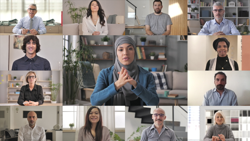 Multiracial group of people conferencing  multi screen,arab muslim business woman leads video conference call online,middle eastern female businesswoman speaking coaching internet webcast multiscreen | Shutterstock HD Video #1079146727