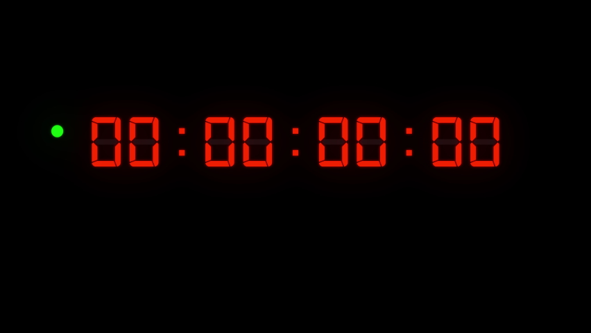 One minute of glowing led 60 fps timecode readout with red digits and green blinking dot on black background. Royalty-Free Stock Footage #1079148479