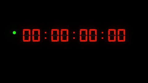 One minute of glowing led 60 fps timecode readout with red digits and green blinking dot on black background.