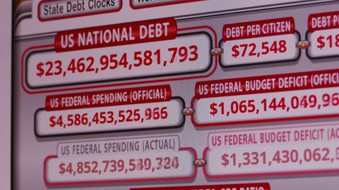 Minsk, Belarus - Mar 13, 2020 (Ungraded): A computer monitor shows an online counter of the rapidly growing US national debt. Ungraded H.264 from camera without re-encoding.