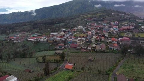 Probolinggo, Indonesia - 11-09-2021 :
aerial video Ngadisari village located in National Park of Bromo tengger semeru mountain. village atmosphere