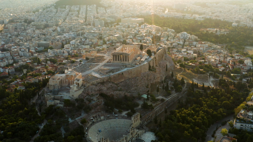 Aerial View Of Acropolis of Athens With Amphitheater At Sunrise In Athens, Attica, Greece.