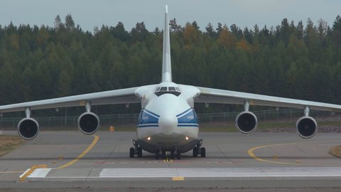 Oslo Airport Norway - September 10 2021: cargo airplane antonov an-124 volga dnepr airlines taxiing turning close view