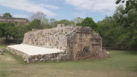 UXMAL, MEXICO - CIRCA 2021: "Pok-ta-pok" sport arena ruins in ancient Mayan city of Uxmal, Yucatan