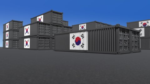 Seamless looping 3d animation of shipping containers with the flag of South Korea in 4K resolution
